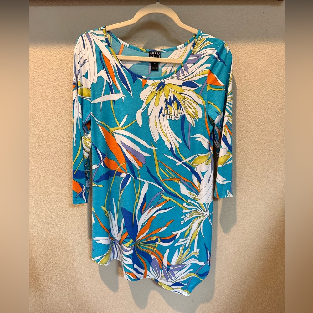 Clara Sun Woo Blue Purple White Liquid Knit Lagenlook Long Tunic Top Fab Size XS